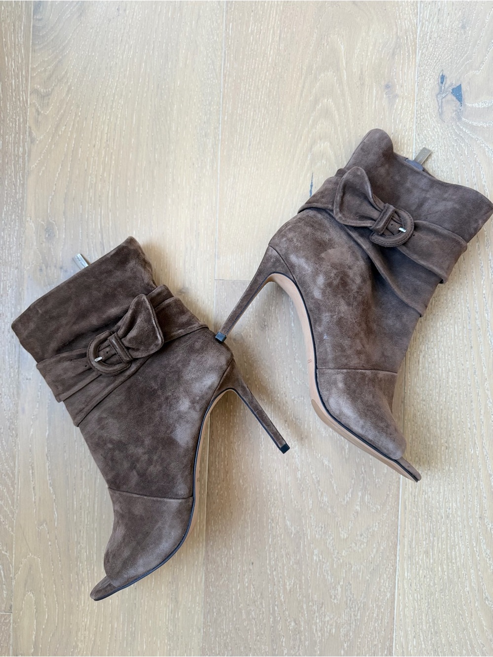 Vince Camuto Dark Brown Distressed Suede Stiletto Ankle Boots with Buckle